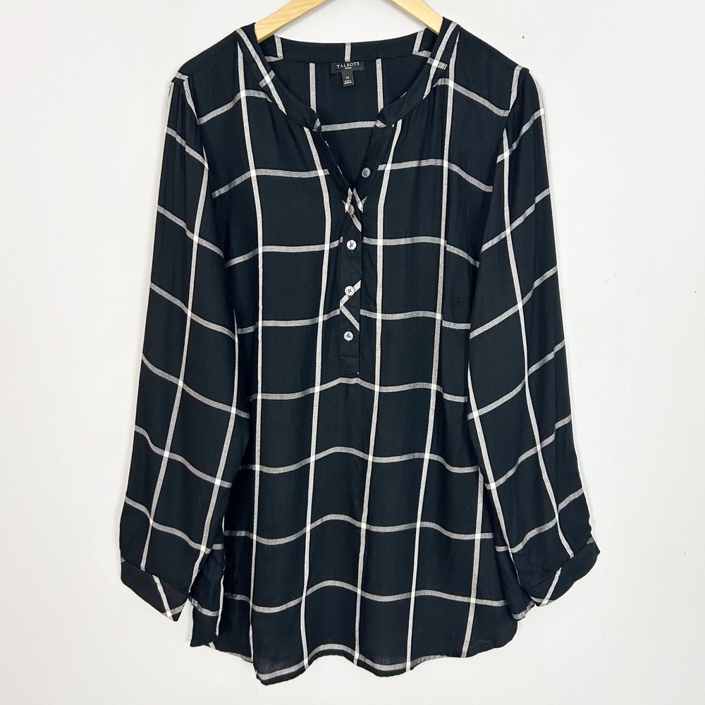 Talbots Woman Blouse 1X Black White Windowpane Plaid Split Neck Rayon Top